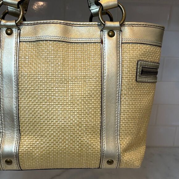 Coach Bag Purse Handbag Legacy Straw & Metallic Leather Tote Shoulder Pocketbook - Picture 6 of 16